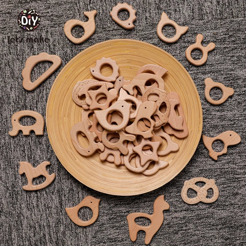 Let's Make 5pcs Wholesale Wooden Teether Rodent Pacifier Pendant Wooden Toys DIY Baby Necklace Gift BPA Free Beech Hedgehog Bird