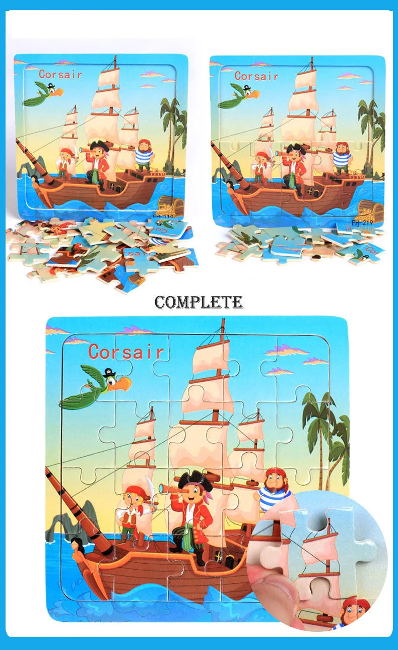 20piece Wooden Puzzle Cartoon Animals Car Letter Number Pattern Jigsaw Puzzles Game Kids Educational Learning Toys for Children