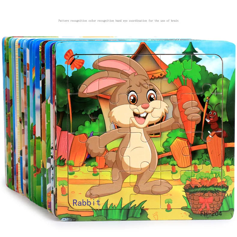 20piece Wooden Puzzle Cartoon Animals Car Letter Number Pattern Jigsaw Puzzles Game Kids Educational Learning Toys for Children