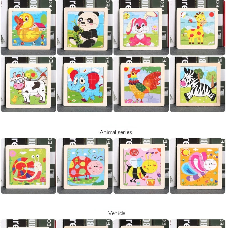 11cm/4.33in Kids Wooden Jigsaw Puzzle Games Cartoon Animal Vehicle Pattern Children Montessori Educational Toys