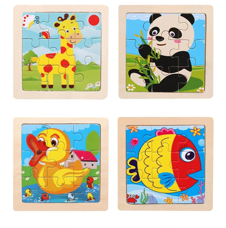 11cm/4.33in Kids Wooden Jigsaw Puzzle Games Cartoon Animal Vehicle Pattern Children Montessori Educational Toys