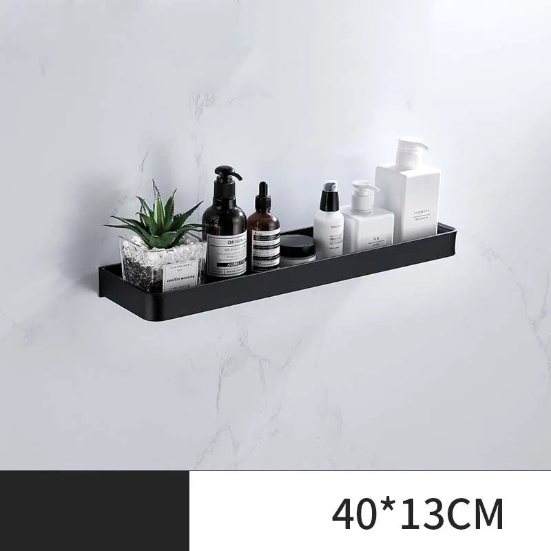 ULA Bathroom Shelf 30/40/50cm Kitchen Wall Shelf Metal Shower Holder Sticker Rack Towel Bar Robe Hooks Bathroom Black Hooks