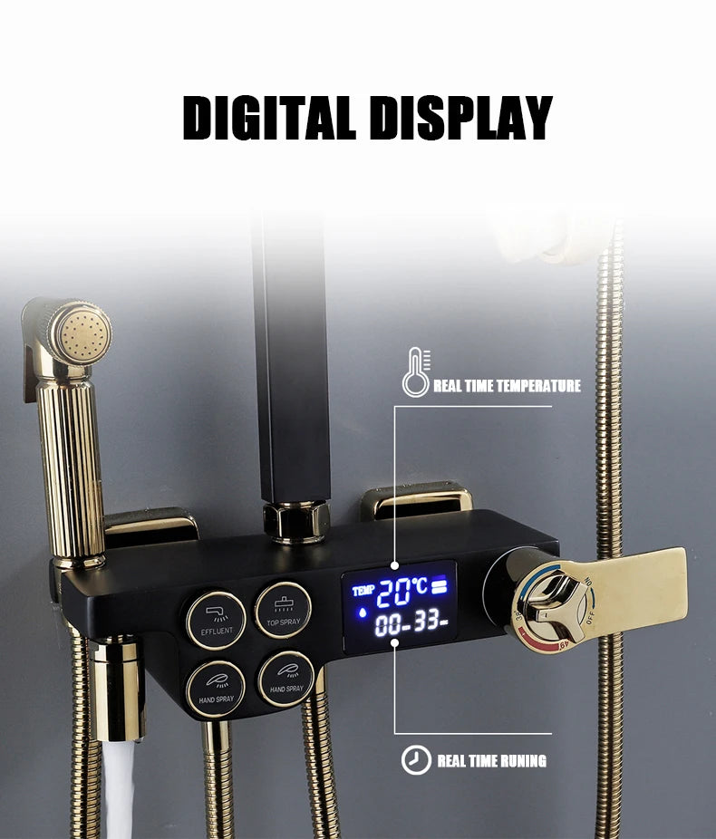 Hot Cold Shower System Bathroom LED Digital Shower Set Wall Mount Smart Thermostatic Bath Faucet Square Head SPA Rainfall Grifo