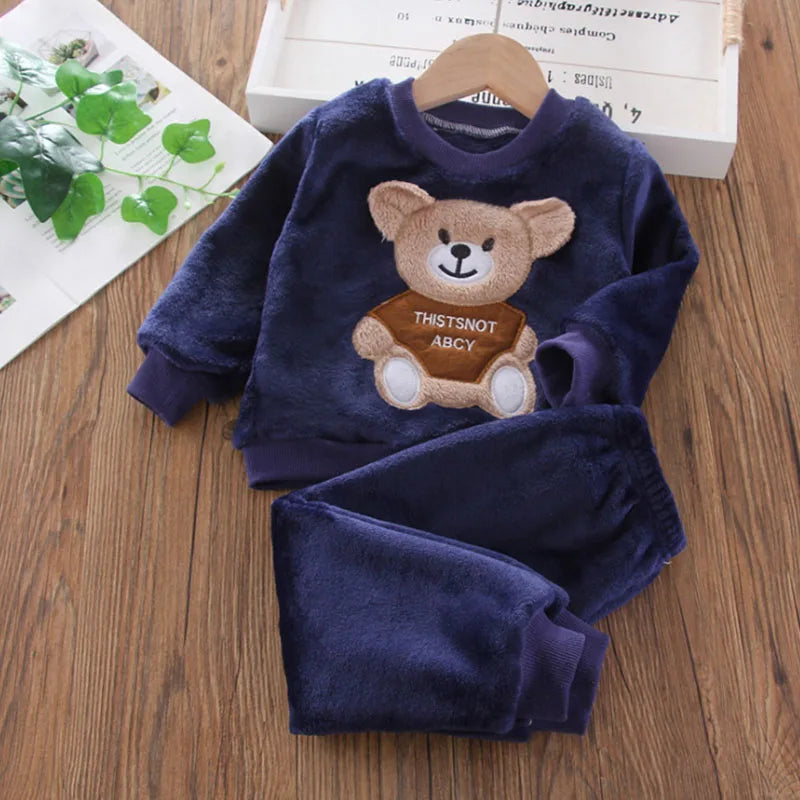 New Winter Baby Girls Boys Homewear Sets Autumn Fashion Flannel Fleece Clothes Kids Cartoon Bear Sleepwear Children Pajamas