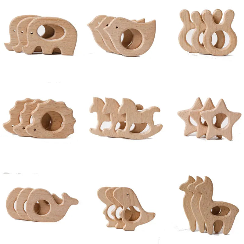 Let's Make 5pcs Wholesale Wooden Teether Rodent Pacifier Pendant Wooden Toys DIY Baby Necklace Gift BPA Free Beech Hedgehog Bird