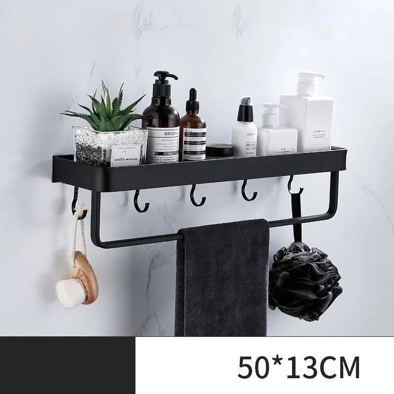 ULA Bathroom Shelf 30/40/50cm Kitchen Wall Shelf Metal Shower Holder Sticker Rack Towel Bar Robe Hooks Bathroom Black Hooks