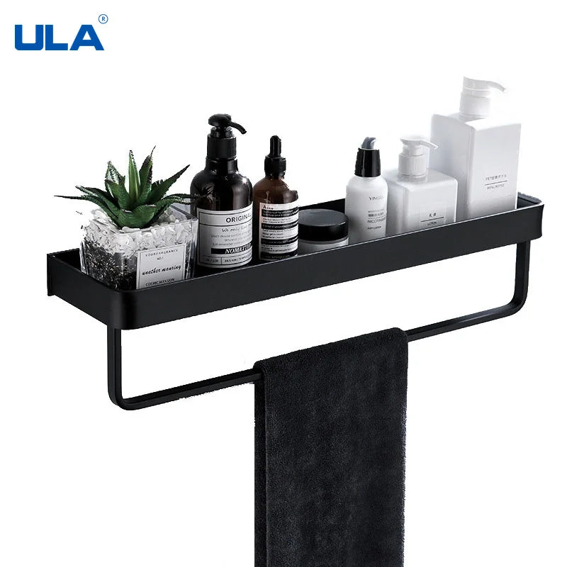 ULA Bathroom Shelf 30/40/50cm Kitchen Wall Shelf Metal Shower Holder Sticker Rack Towel Bar Robe Hooks Bathroom Black Hooks