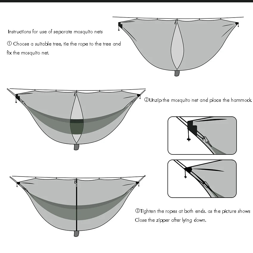 Hammock Bug Netting, 210T Nylon Mesh, with Drawstring Bag, 6 Meters Rope, Double Sided Zipper Camping Hammock Mosquito Netting