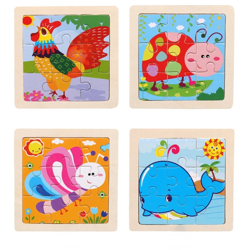 11cm/4.33in Kids Wooden Jigsaw Puzzle Games Cartoon Animal Vehicle Pattern Children Montessori Educational Toys