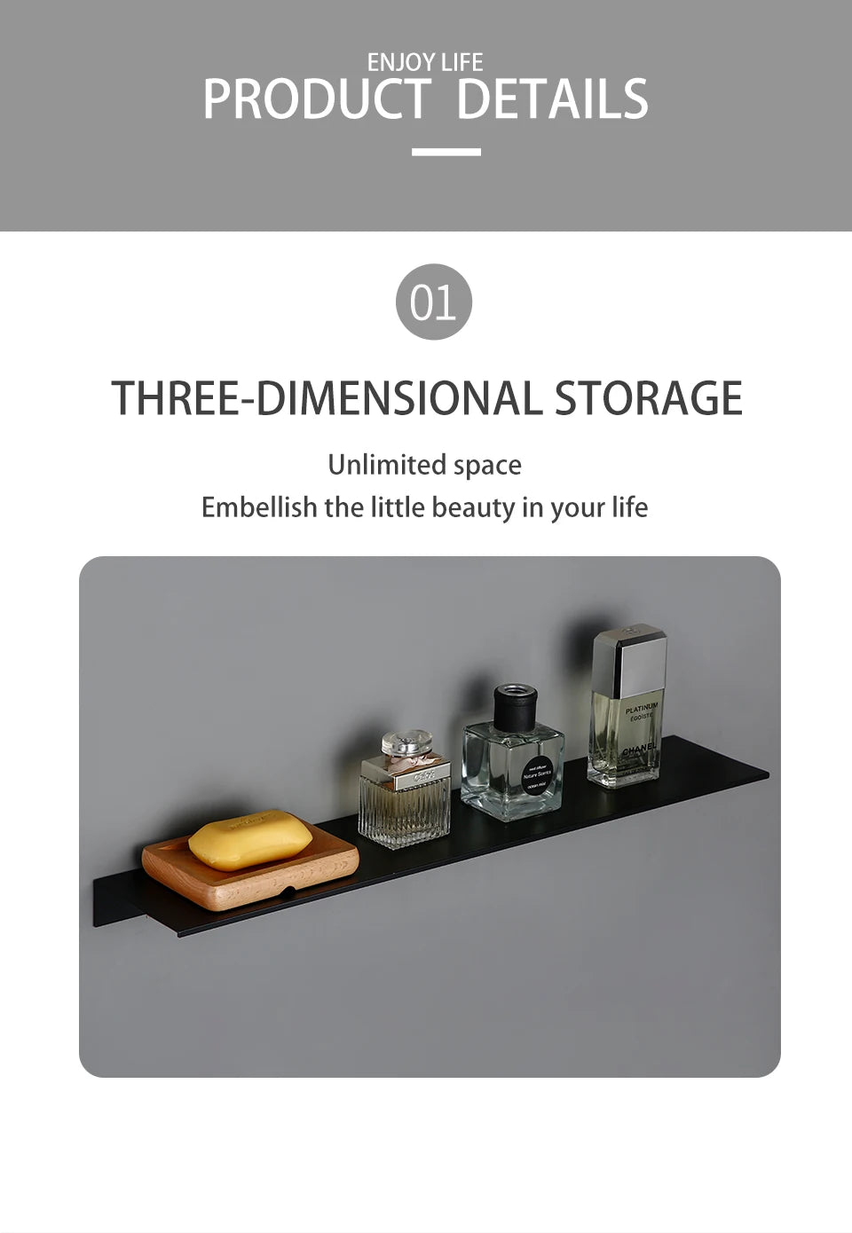 Black White Aluminum Alloy Wall-Mounted Kitchen Shower Room Bedroom Device Bathroom Accessories Organizer Shelf