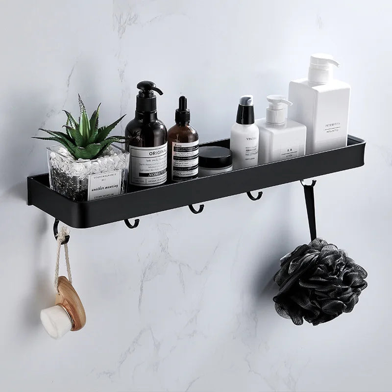 ULA Bathroom Shelf 30/40/50cm Kitchen Wall Shelf Metal Shower Holder Sticker Rack Towel Bar Robe Hooks Bathroom Black Hooks