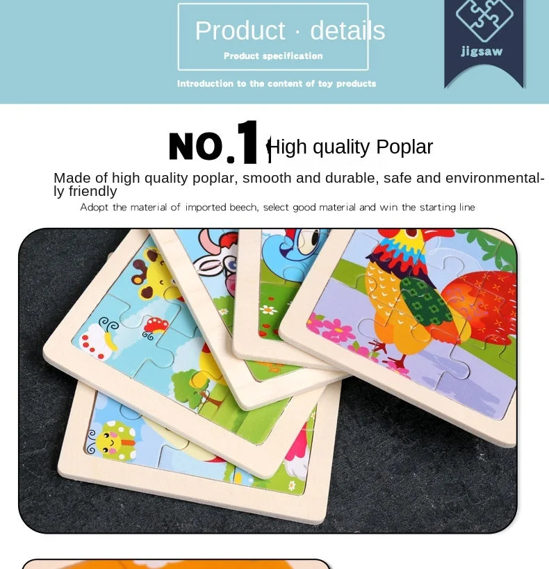 11cm/4.33in Kids Wooden Jigsaw Puzzle Games Cartoon Animal Vehicle Pattern Children Montessori Educational Toys