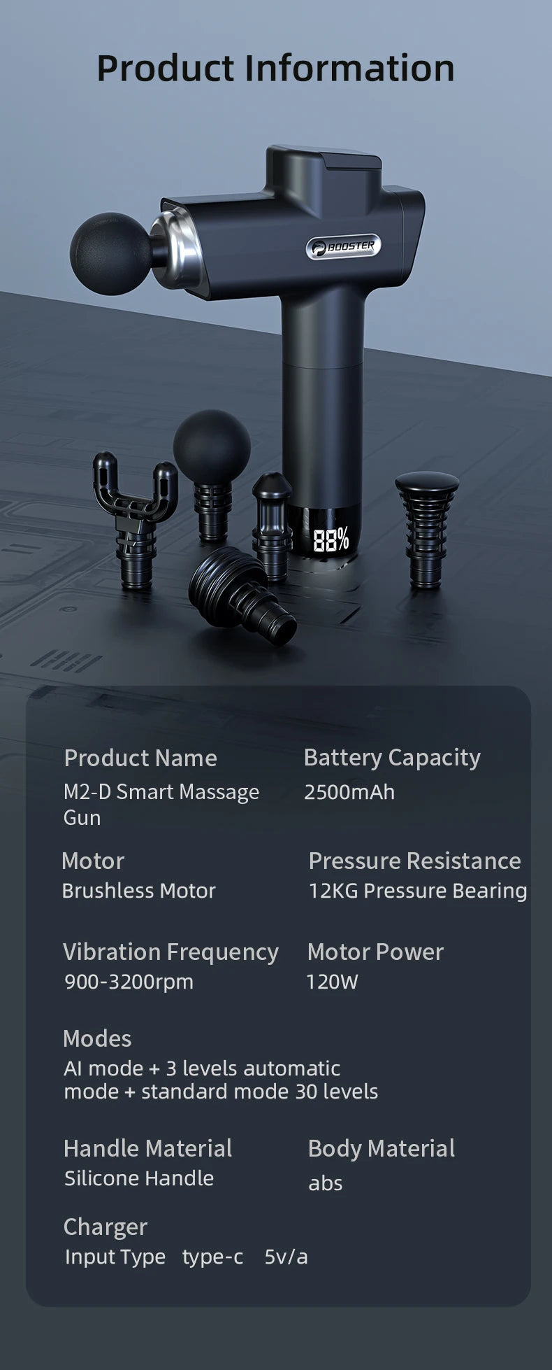 Booster M2-D Massage gun Deep Tissue Percussion Neck Back Body Massager Portable Fascia Gun Muscle Relaxation Electric Massager