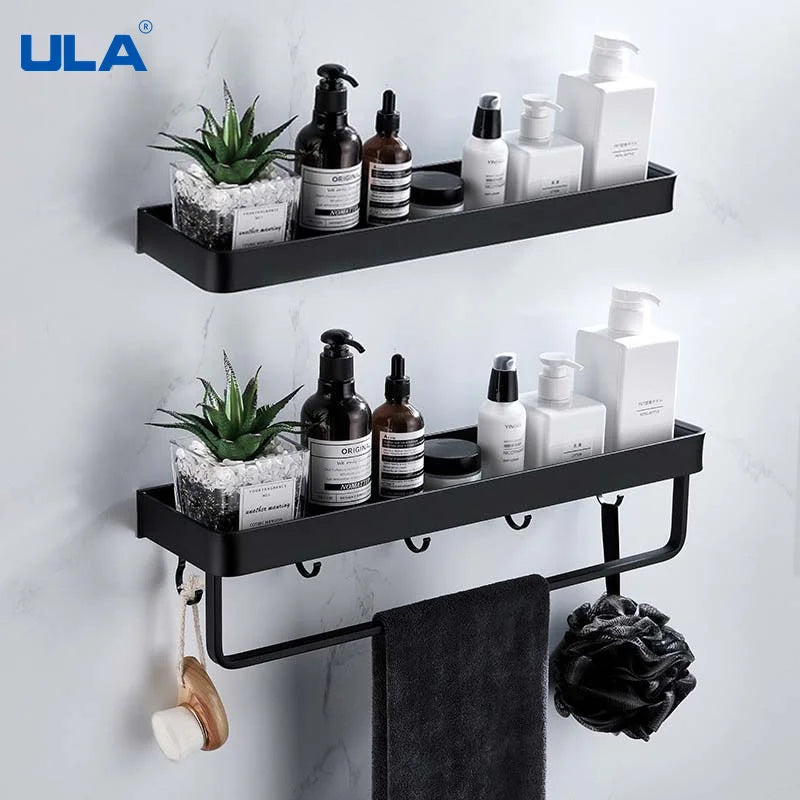 ULA Bathroom Shelf 30/40/50cm Kitchen Wall Shelf Metal Shower Holder Sticker Rack Towel Bar Robe Hooks Bathroom Black Hooks