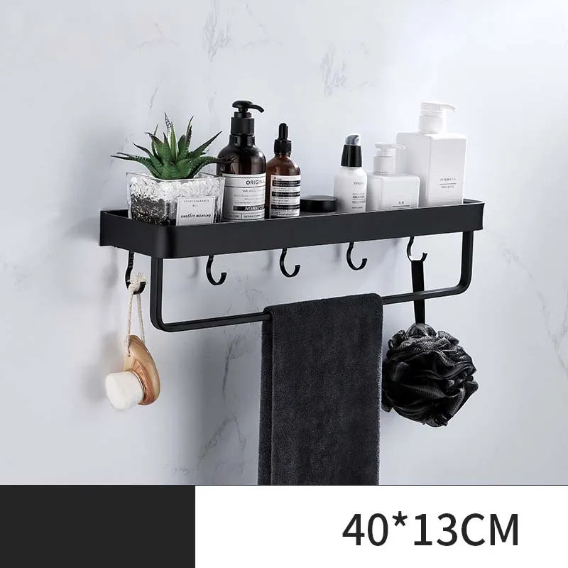 ULA Bathroom Shelf 30/40/50cm Kitchen Wall Shelf Metal Shower Holder Sticker Rack Towel Bar Robe Hooks Bathroom Black Hooks