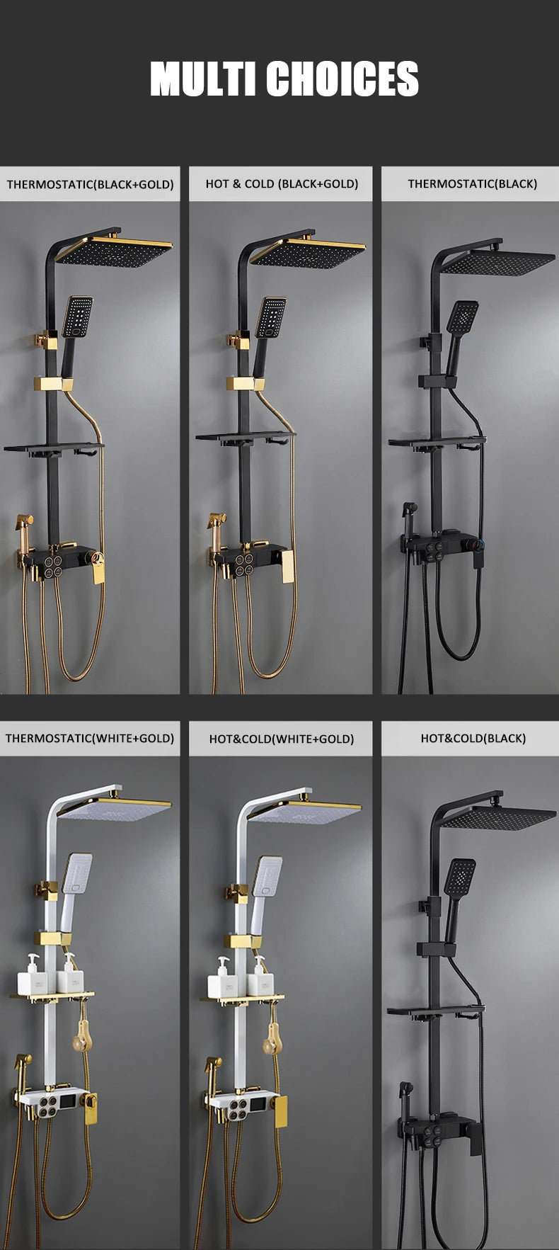 Hot Cold Shower System Bathroom LED Digital Shower Set Wall Mount Smart Thermostatic Bath Faucet Square Head SPA Rainfall Grifo