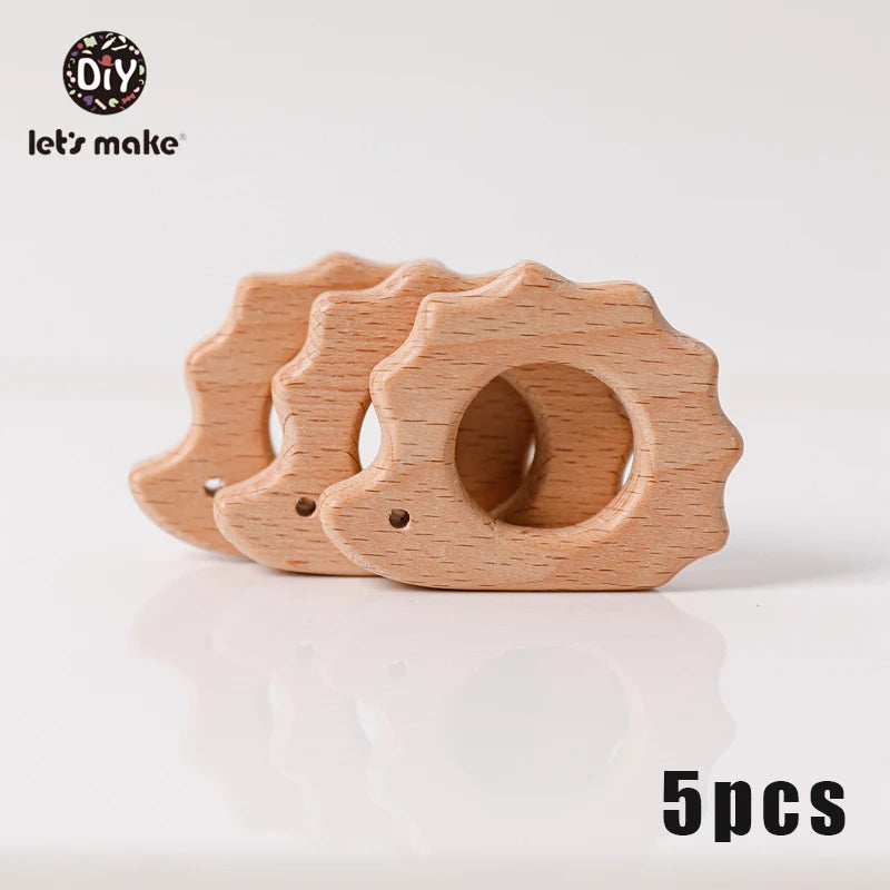 Let's Make 5pcs Wholesale Wooden Teether Rodent Pacifier Pendant Wooden Toys DIY Baby Necklace Gift BPA Free Beech Hedgehog Bird