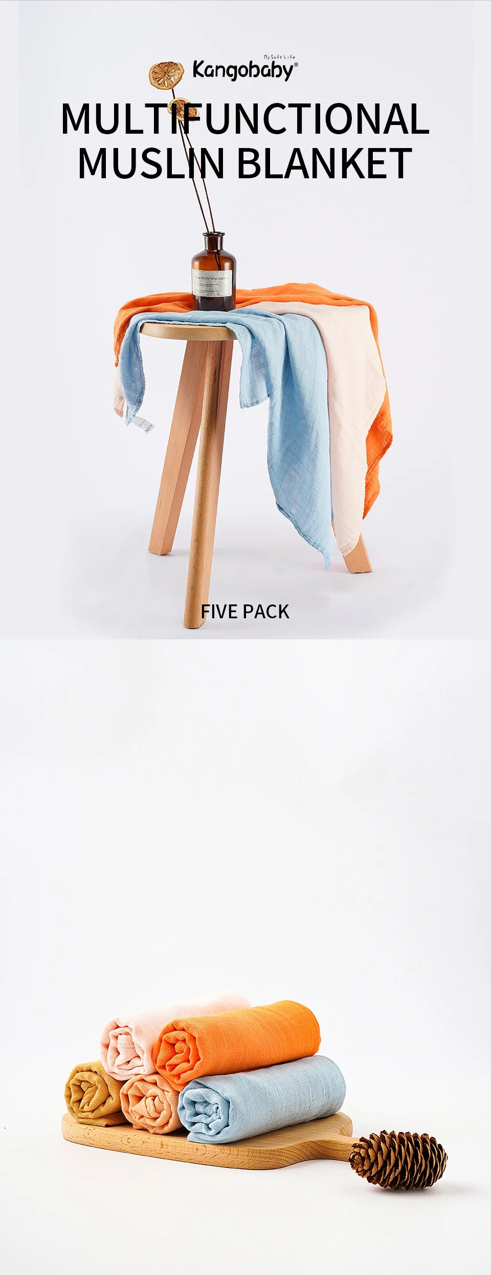 Kangobaby #My Soft Life# 5 Pieces Pack Multi-Functional Bamboo Cotton Muslin Blanket Baby Burp Cloth Set