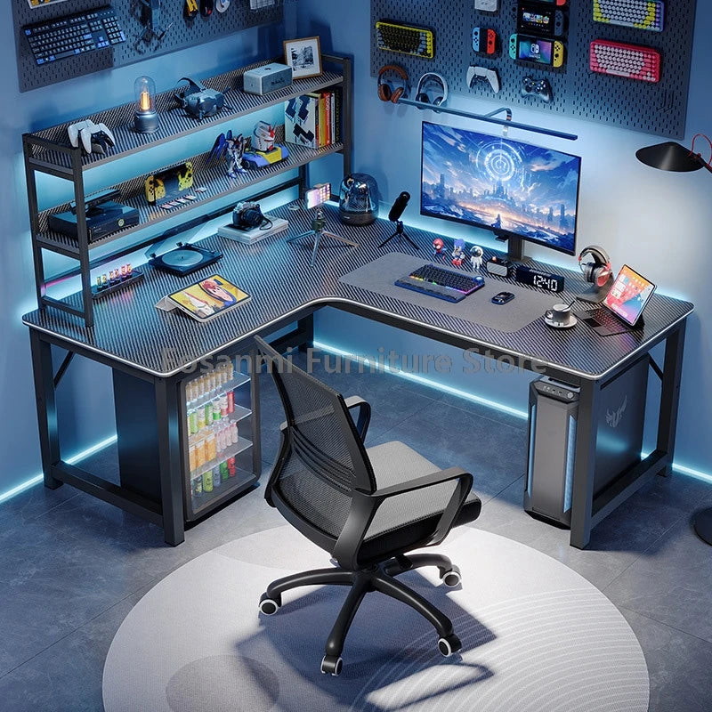 Modern L-Shaped Gaming Work Desk Chair Set Corner PC Table for Room Home Office Computer Desk and Chair Set Furniture with Shelf
