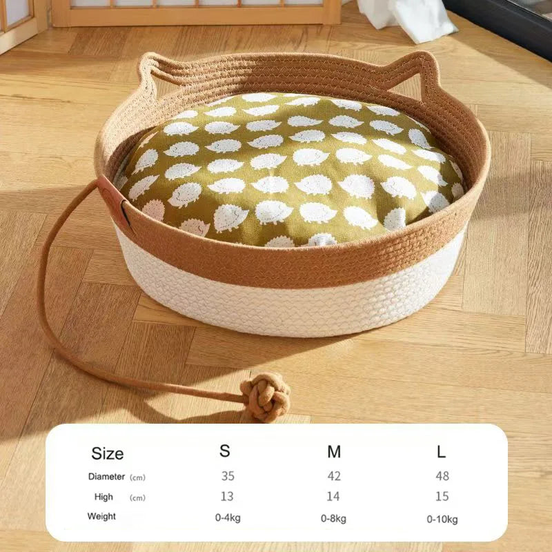 Japanese Pet Cat Bed Round Hand Woven Rattan Cat Beds Summer Cooling Kitten Basket Cotton Rope Cat Scratching Baskets