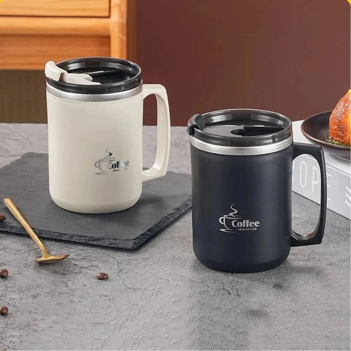 450ML Thermos Mug 304 Stainless Steel Double Wall Insulated Milk Coffee Cup With Handle & Lid Leak-proof Drinking Cup Drinkware