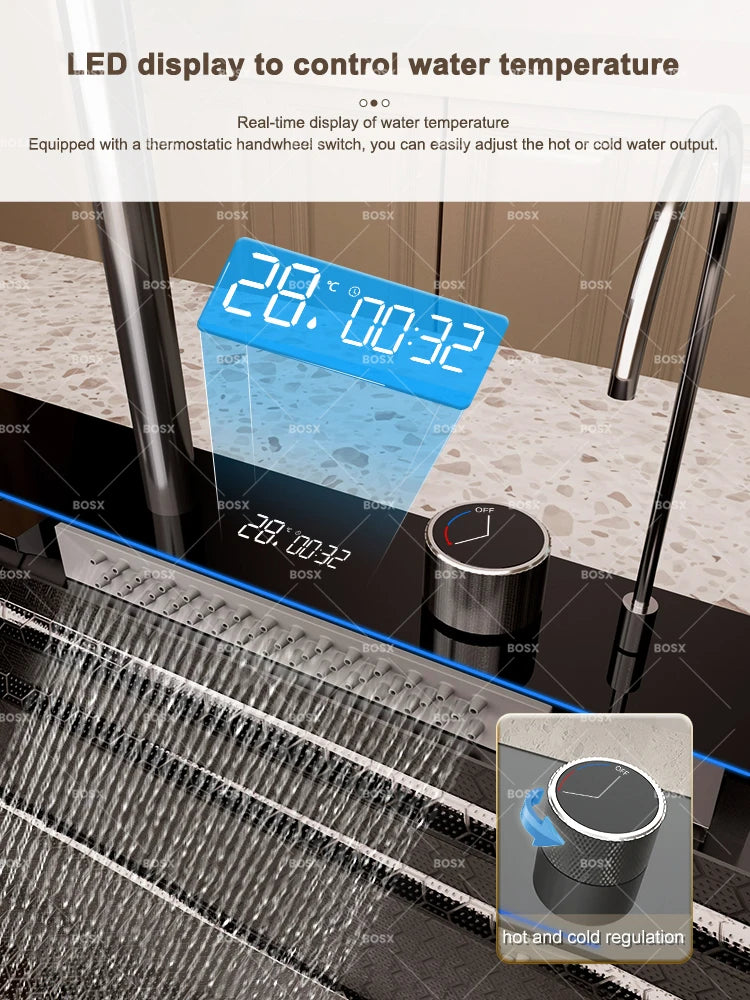 Kitchen Sink Stainless Steel Waterfall Sinks Extra Large Single Slot with Digital Display Faucet Set For kitchen