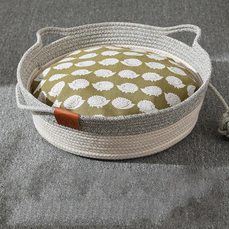 Cat Bed Handmade Rattan Woven Pet Nest Removable Washable Warm Pad All-Season Cat Scratch Board Winter Warm Cat House for Cats