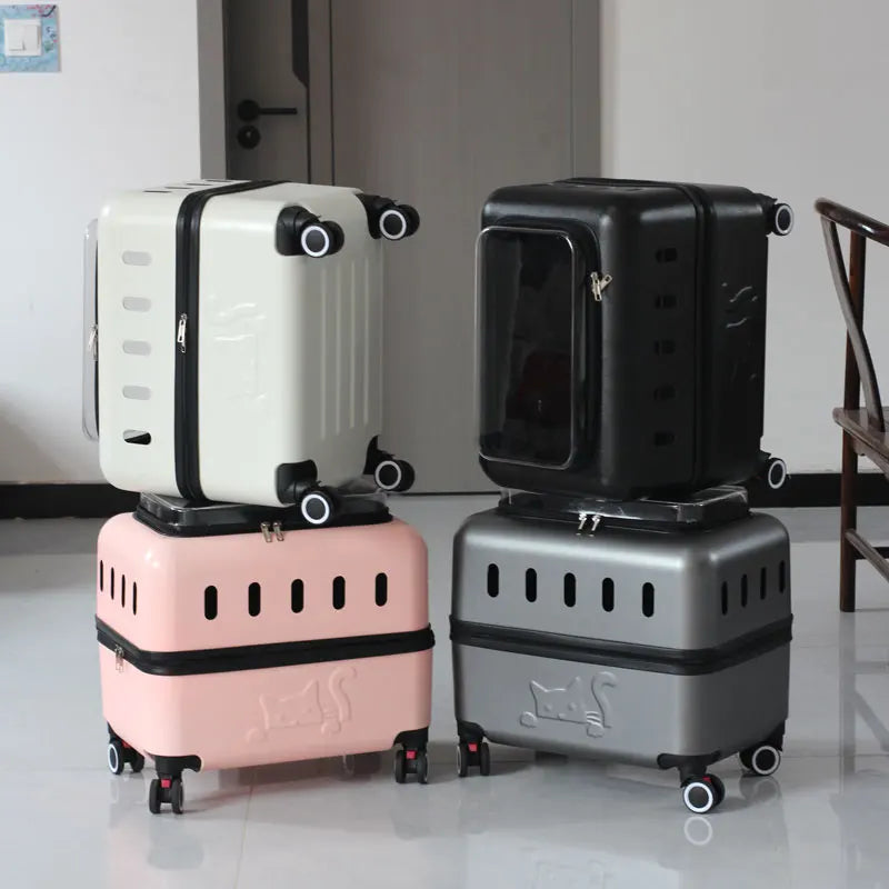 Large Pet Travel Carrier Rolling Pet Transport for Cats & Small Dogs Breathable Cat Suitcase Transparent Skylight Pet Stroller