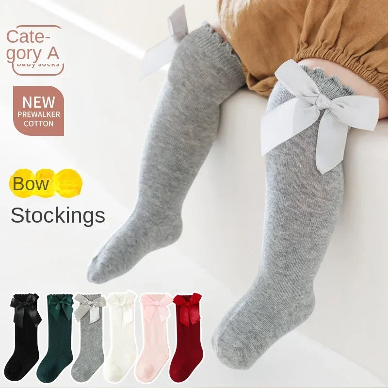 Baby Girls Bow Knee High Socks Cute Kids Girl Student Princess Sock Children Solid Color Cotton Socks Infant Newborn Clothing