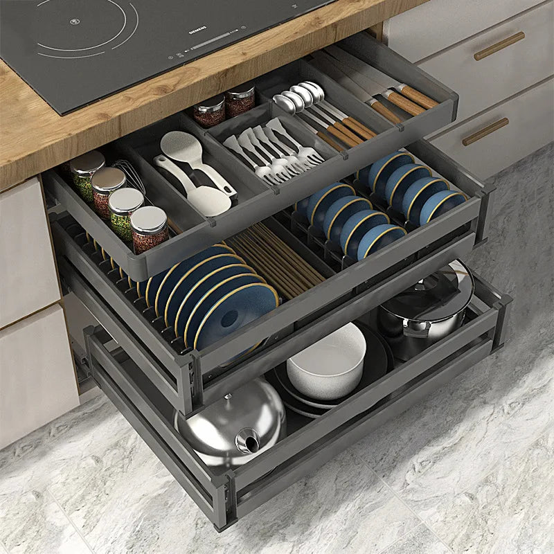 Kitchen Cabinet Aluminum Alloy Basket Three-layer Drawer Dish Rack Blue Rack Inside Cabinet