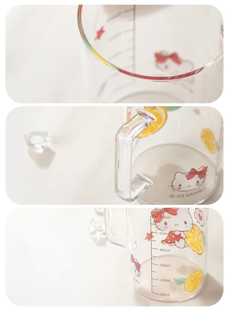 For Sanrio Collaboration Straw Glass Cup Transparent Coffee Mug Cartoon Print Water Cup with Scale＆Handle Home/Office Drinkware