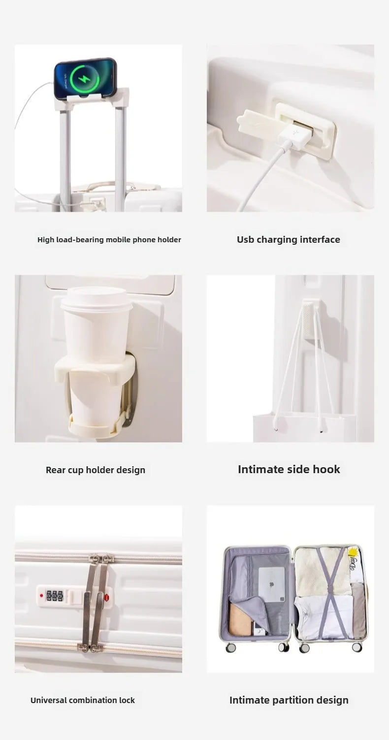 Multifunction Large Capacity Luggage Business Carry on Boarding USB Charging Cup Holder Front Opening Lid Trolley Suitcase
