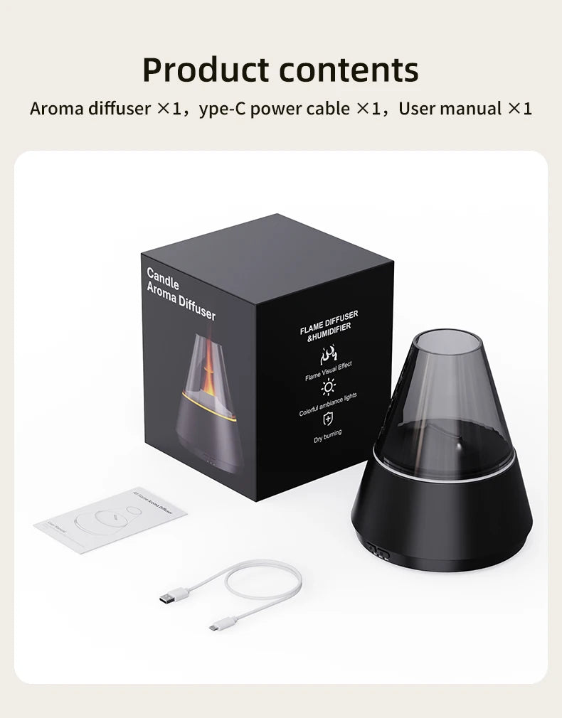 Candle Flame Ultrasonic Air Humidifier with 7-color Flame Ambient Light 3-level Timed Essential Oil Aroma Diffuser for Home Gift