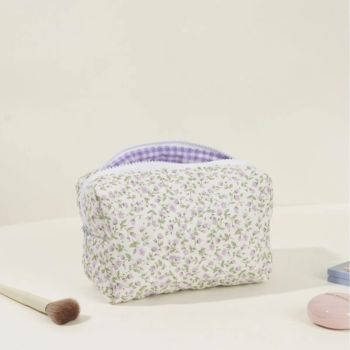 Storage Organizer Floral Puffy Quilted Makeup Bag Flower Printed Cosmetic Pouch Large Travel Cosmetic Bag Makeup Accessory