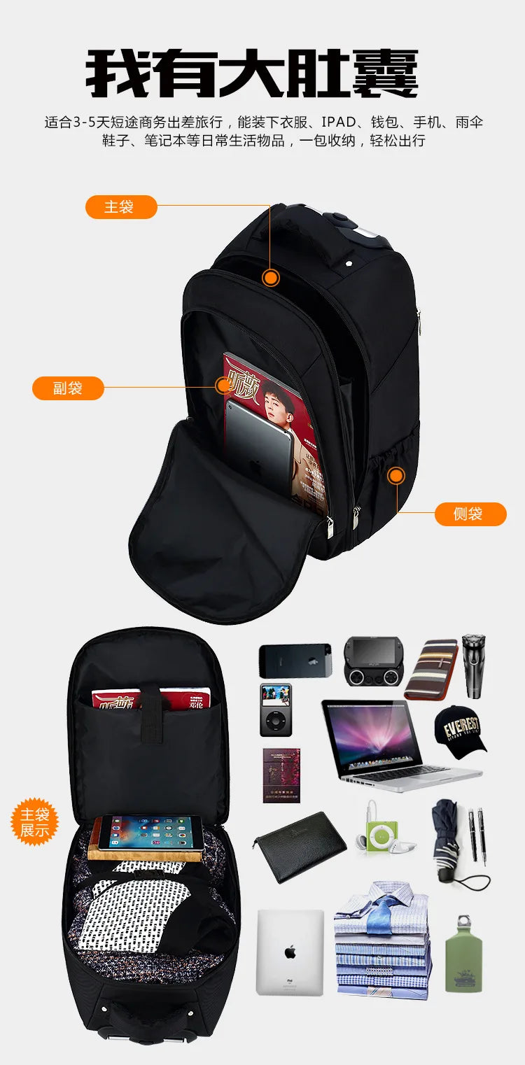 Men Trolley Backpack Shoulders Travel Bag with Wheels 24 Inch Students Rolling Luggage Business Trolley Large Capacity Suitcases