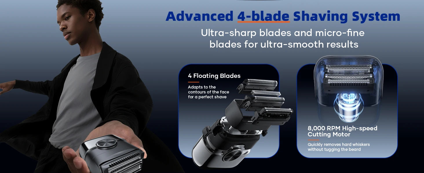 KENSEN S26 Electric Shaver for Men 4D Floating Blades Foil Shavers Waterproof 8000RPM Beard Trimmer Portable Mini Electric Razor
