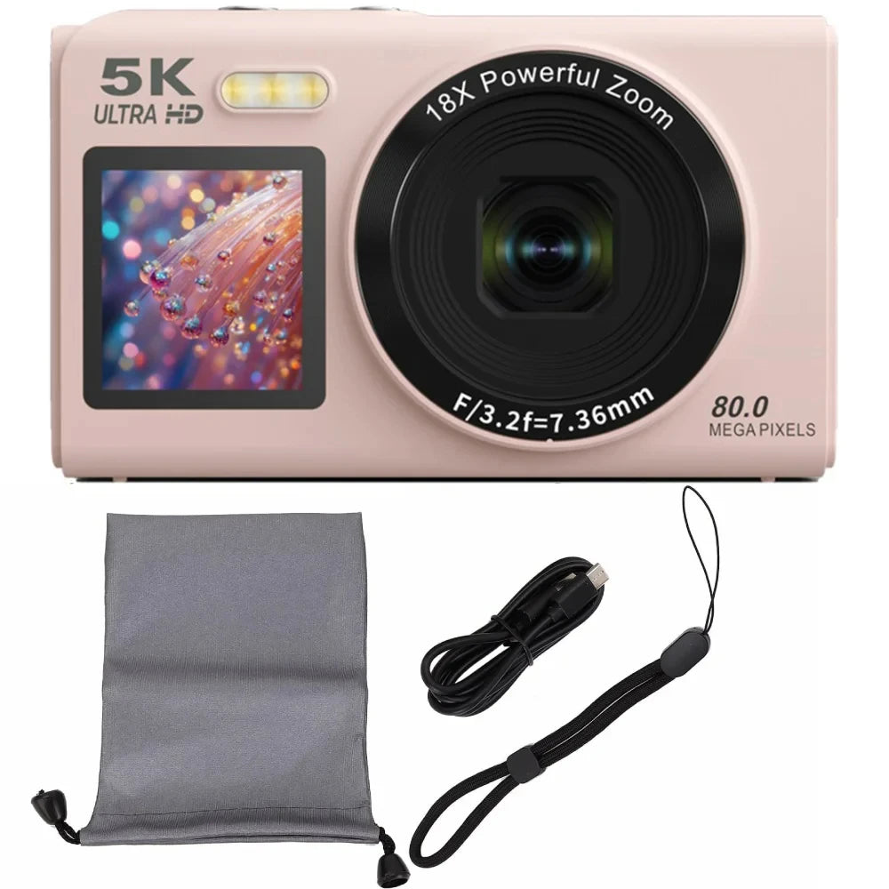 Ourlife Digital Camera CCD Dual Screen Portable Digital Camera 18X Zoom 5K Vintage Vlog Video Recorder 80MP CCD Selfie Camera