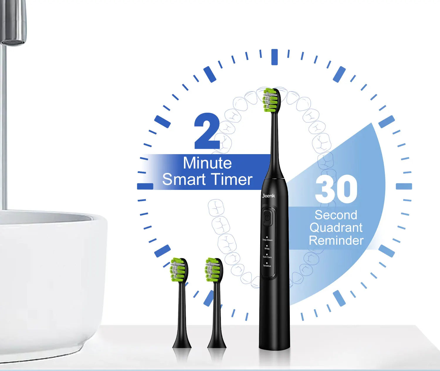 Jeenk JK-Y05 Sonic Electric Toothbrush 4 Modes USB Charger with 6 Replacement Heads Smart Timer Waterproof Soft Bristles Adult