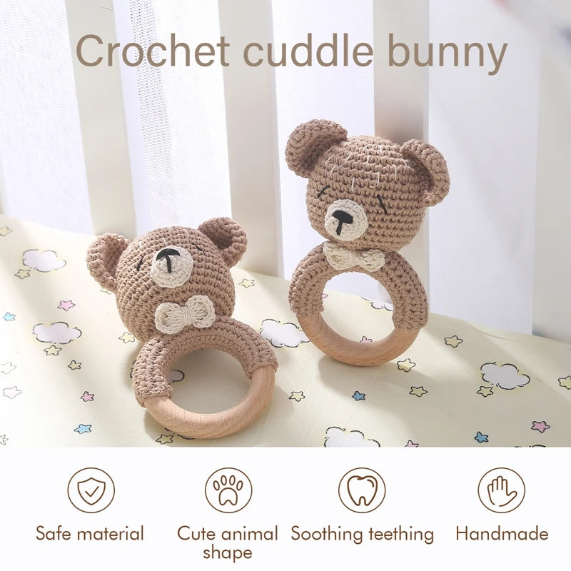 Let's Make Baby Rattles Crochet Bunny Rattle Toy Wood Ring Baby Teether Rodent Baby Gym Mobile Newborn Educational Rattles Toys