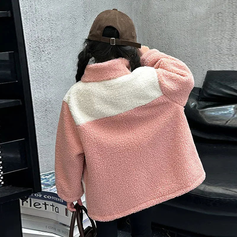 LambWool Warm Jackets For Girls Children Autumn Winter Outerwear Kids Plus Velvet Coats New Teenager Fashion Padded Clothing