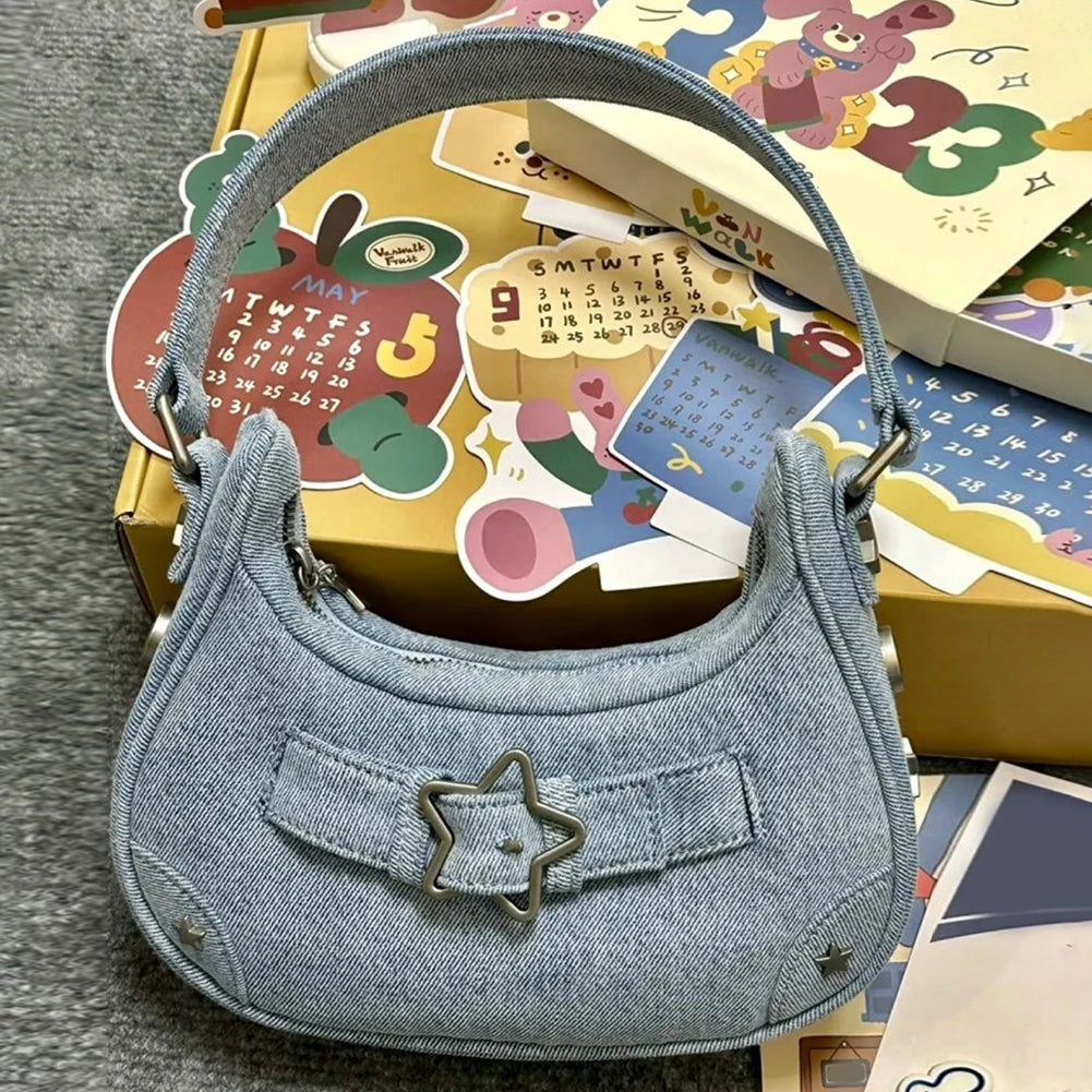 Women Shoulder Handbag Vintage Y2K Casual Hobos Zipper Star Decor Solid Color Gift for Girls Ladies Purse Tote Bag