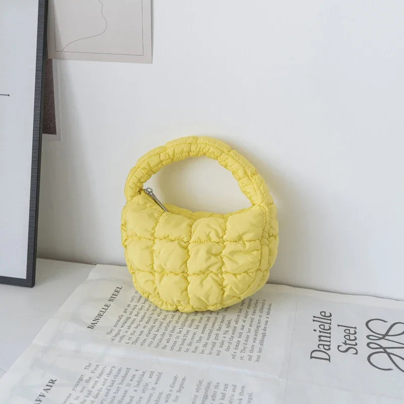 Candy bag Fashion Mini Puffer Tote Bag Quilted Circle Phone Purse  Elegant  Soft Nylon Padded Key Pouch Simple Trend Handbag