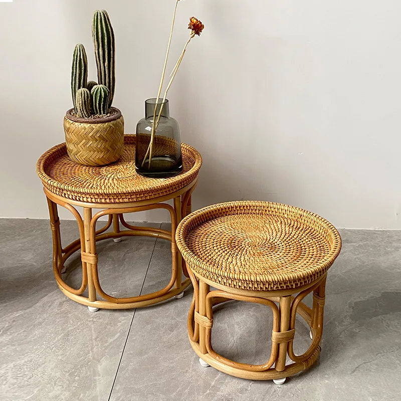 Handwoven Rattan Balcony Side Table Vintage Sofa Coffee Table  Durable Dessert and Snack Stand Japanese  Bedroom Organizer