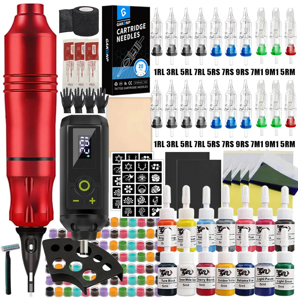 Professional Wireless Tattoo Machine Kit Rotary Tattoo Pen Kit with Wireless Power Supply Inks Needles for Tattoo Beginners Kits