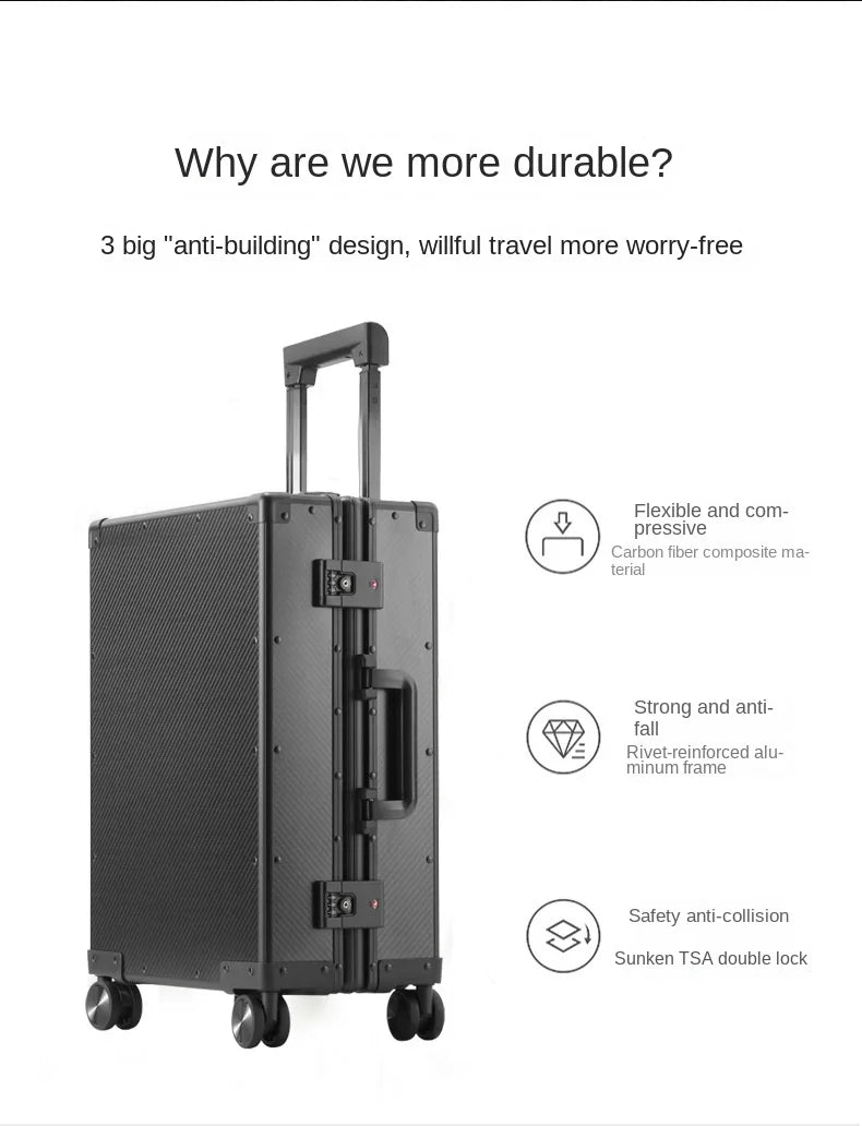 20″24″ Travel Suitcase Carbon Fiber Rolling luggage Carry-On Luggage Aluminum Frame Trolley Case With Wheels Business Boarding