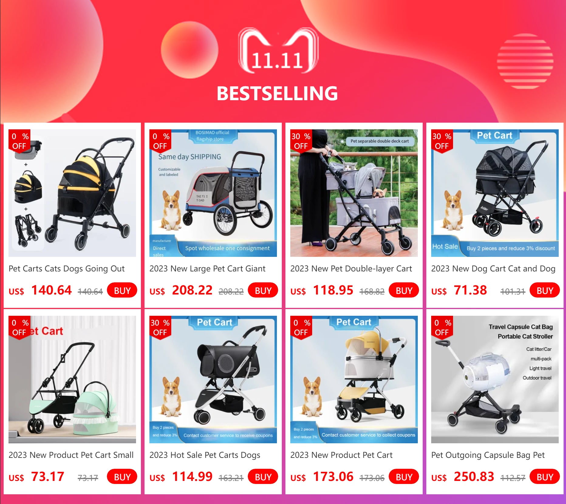 2023 New Transparent Pet Cart Dog and Cat Walking Cart Small Medium Sized Dog Pulled Stroller Lightweight Foldable Detachable