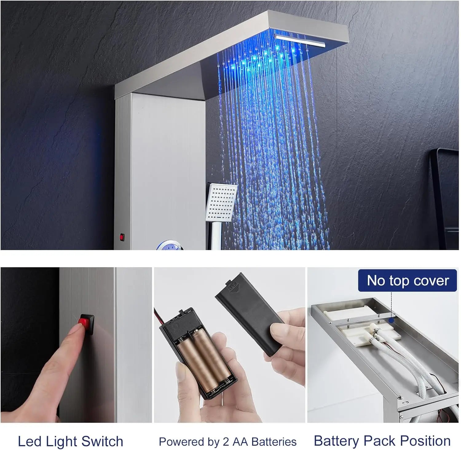 KEMAIDI LED Shower Panel Tower System with Rainfall Waterfall Shower Black Shower Panels with Jets and Rainfall and Handheld