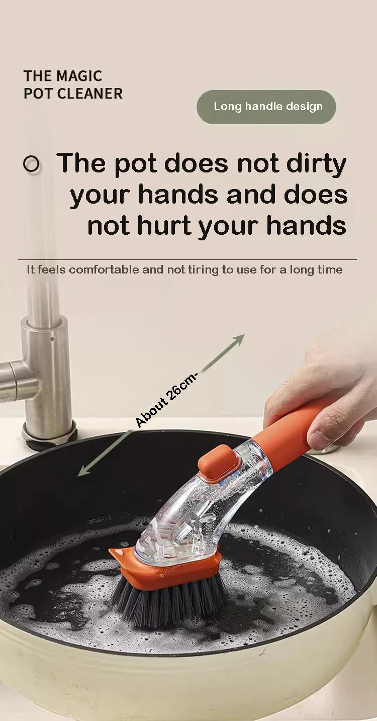 Refillable Liquid Cleaning Brush Kitchen Bowl Scrubber Cleaning Sponge Long Handle Dispenser Cleaner Tool Pot Brush Artifact
