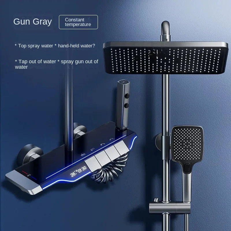 Luxury Wall Mounted Smart Button Digital Display Shower Set Thermostat System Glass Countertop Bathroom Brass Rain Shower Set