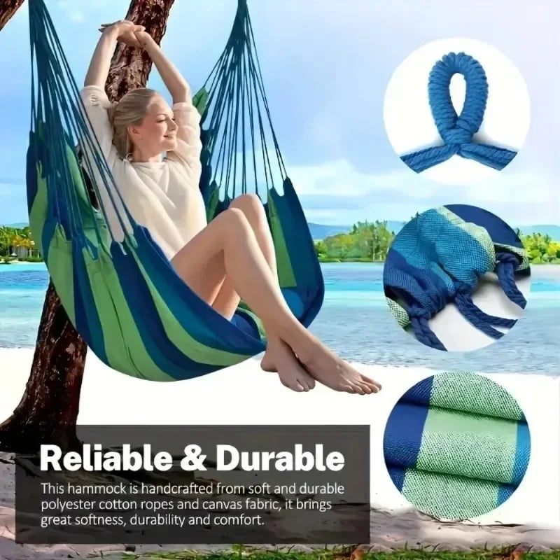 200KG Capacity Stripes Canvas Hammock Chair Thick for Garden Swing Seat Patio Camping Beach Dormitory Leisure with Storage Bag